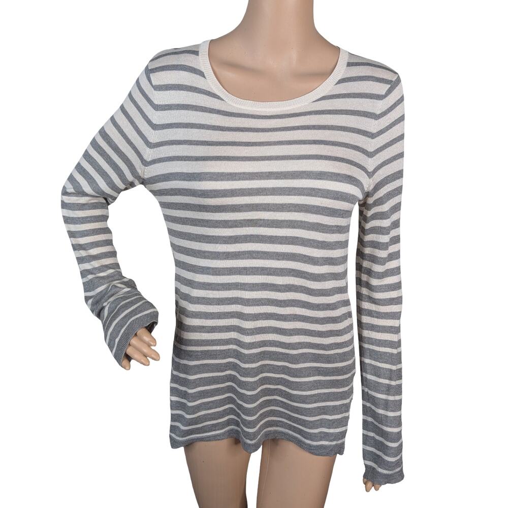 Vince Silk Cashmere White Gray Degrade Stripe Lightweight Pullover Sweater SZ S